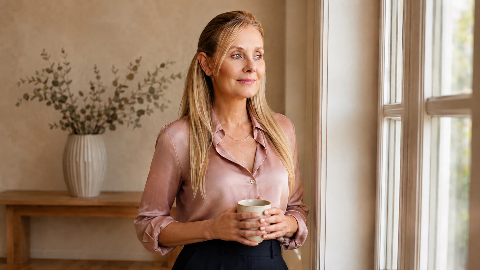 A woman by a window holding a ceramic mug in both hands, dusty pink silk blouse, eucalyptus on a wooden bench, soft daylight